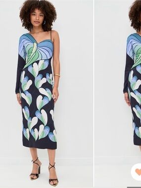 FARM Rio One-Shoulder Printed Midi Dress in Black, Blue & Green